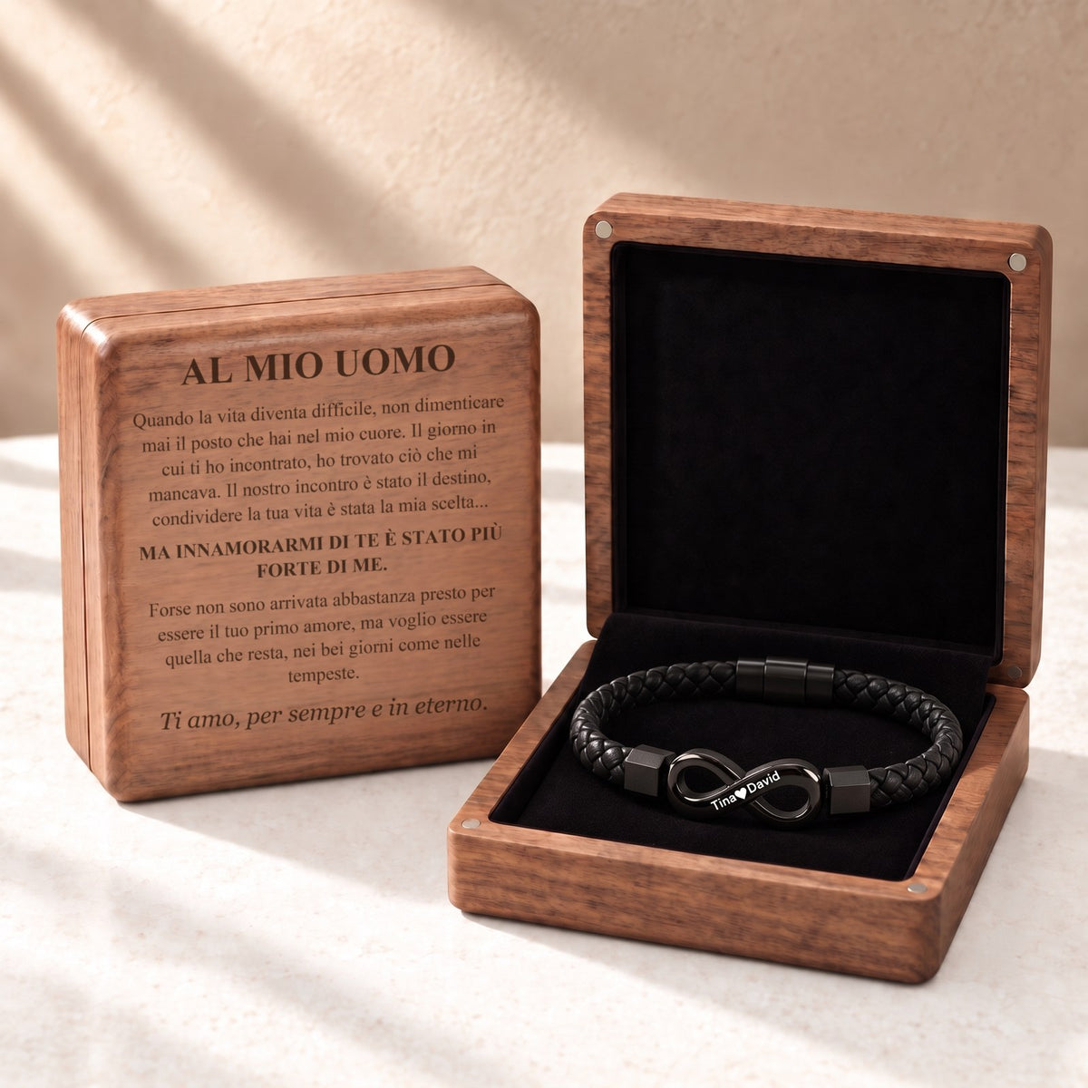 Bracciale in pelle personalizzato «Al mio uomo» & cofanetto in noce inciso