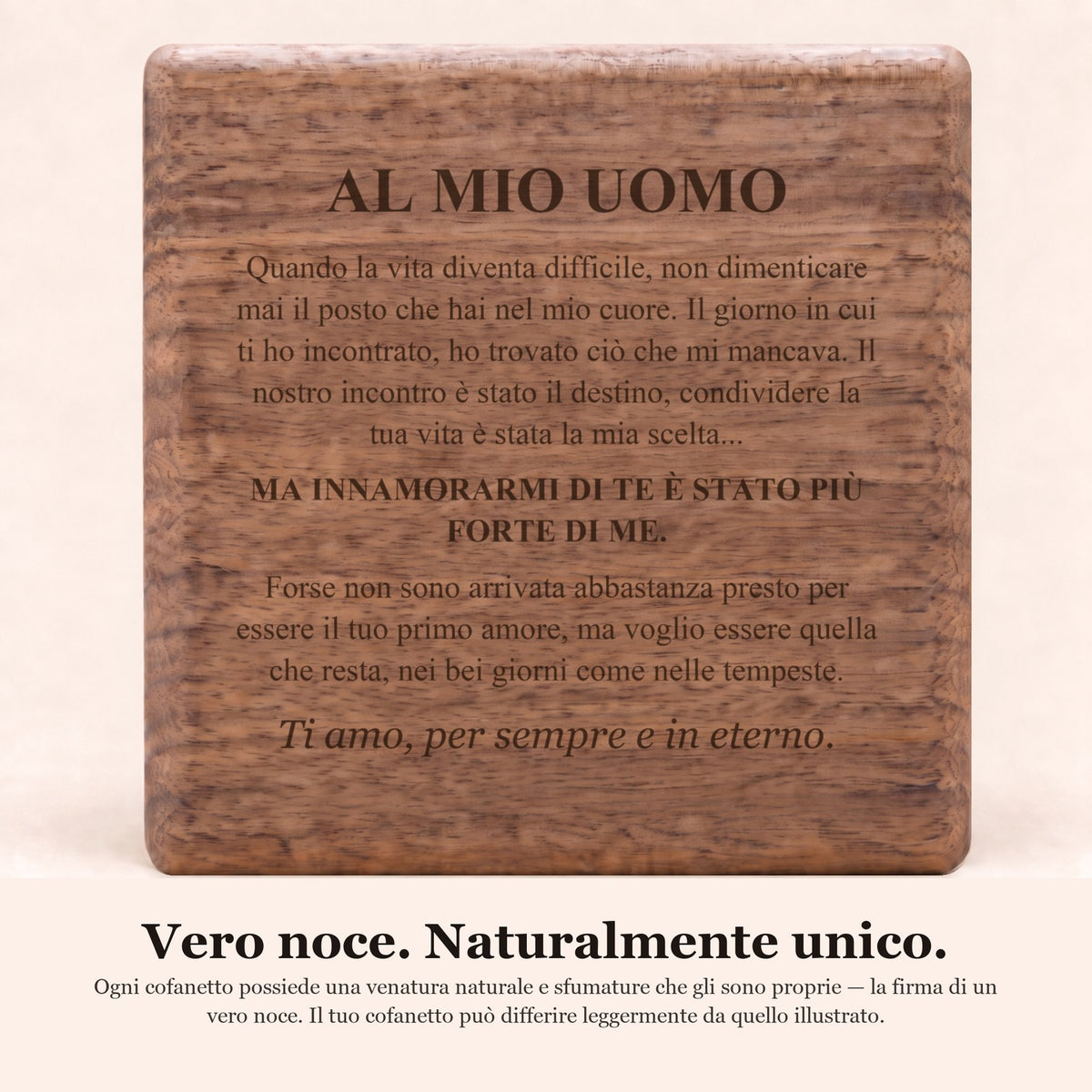 Bracciale in pelle personalizzato «Al mio uomo» & cofanetto in noce inciso