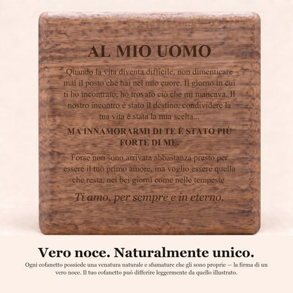 Bracciale in pelle personalizzato «Al mio uomo» & cofanetto in noce inciso
