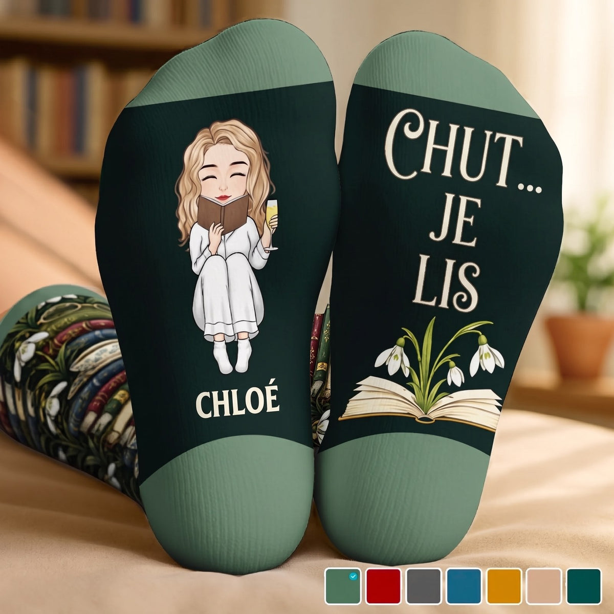 Chaussettes personnalisées « Chut… je lis » – Cadeau pour les amoureuses des livres