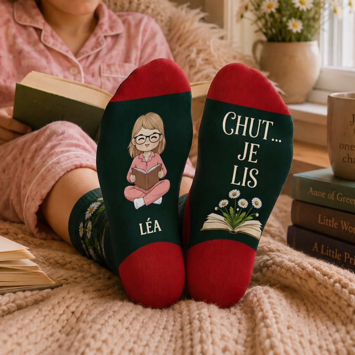 Chaussettes personnalisées « Chut… je lis » – Cadeau pour les amoureuses des livres