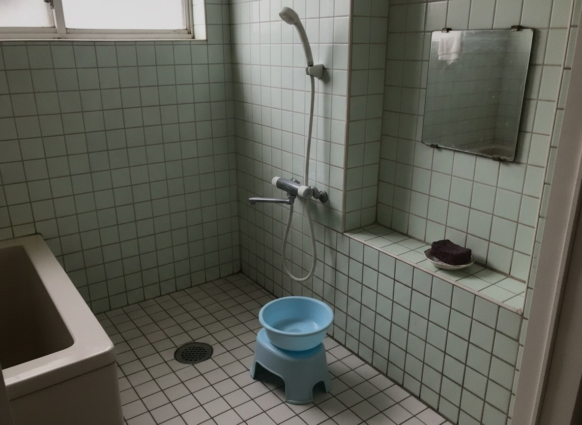 Una saponetta scura e consumata in un piattino sulla mensola di un vecchio bagno giapponese, con uno sgabello basso e una ciotola per il risciacquo