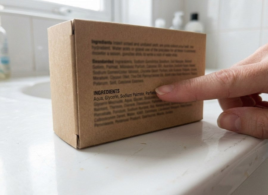 Una mano che indica una riga del piccolo elenco di ingredienti stampato sul retro di una scatola di sapone