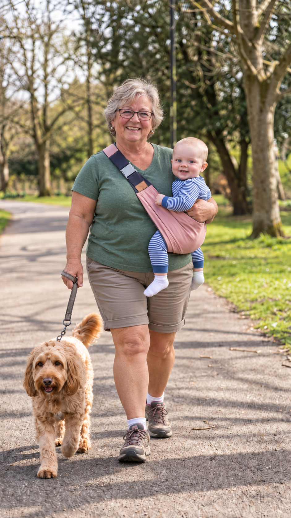 Mamie portant son petit-enfant, une bretelle, une boucle