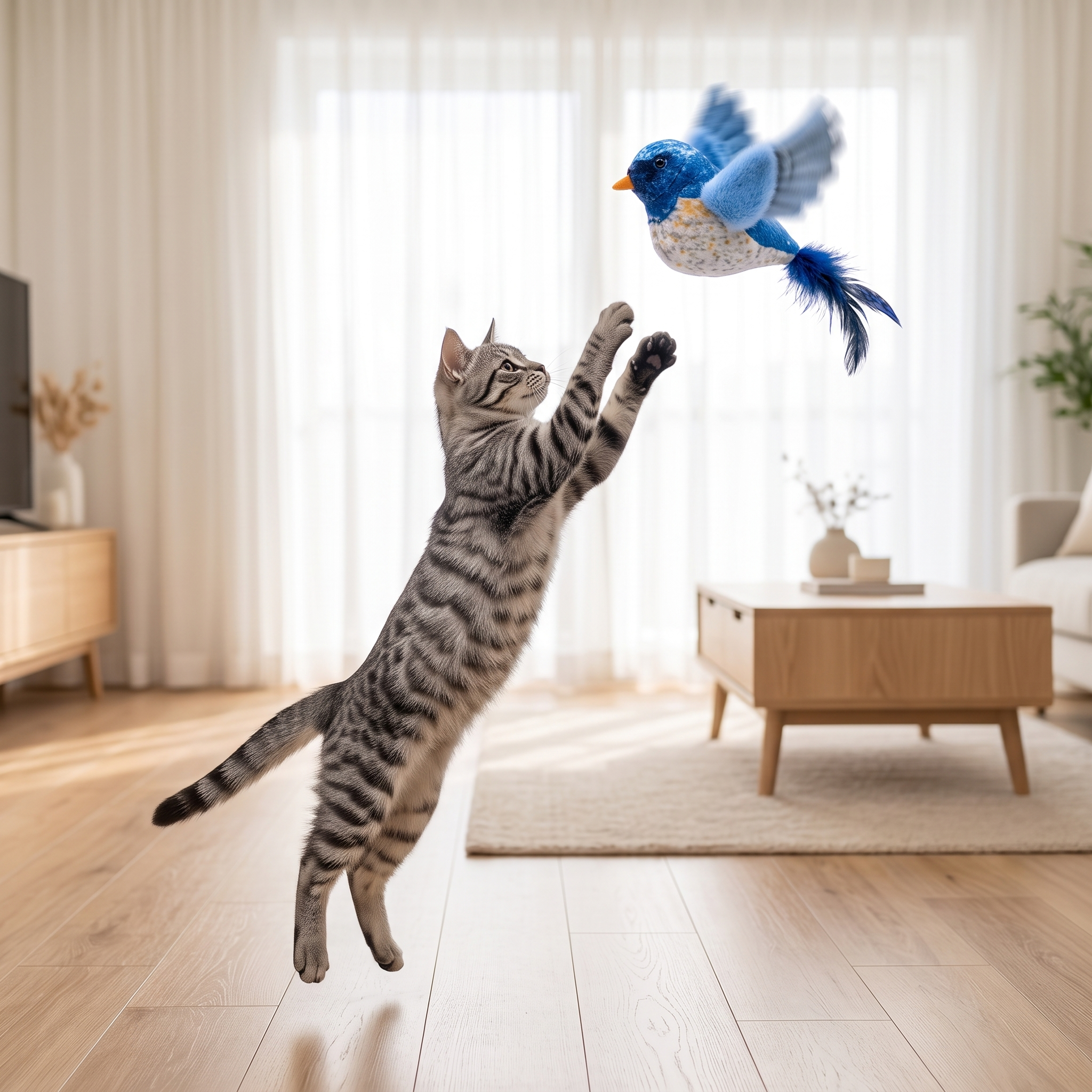 Un chat qui bondit en l'air vers l'oiseau volant