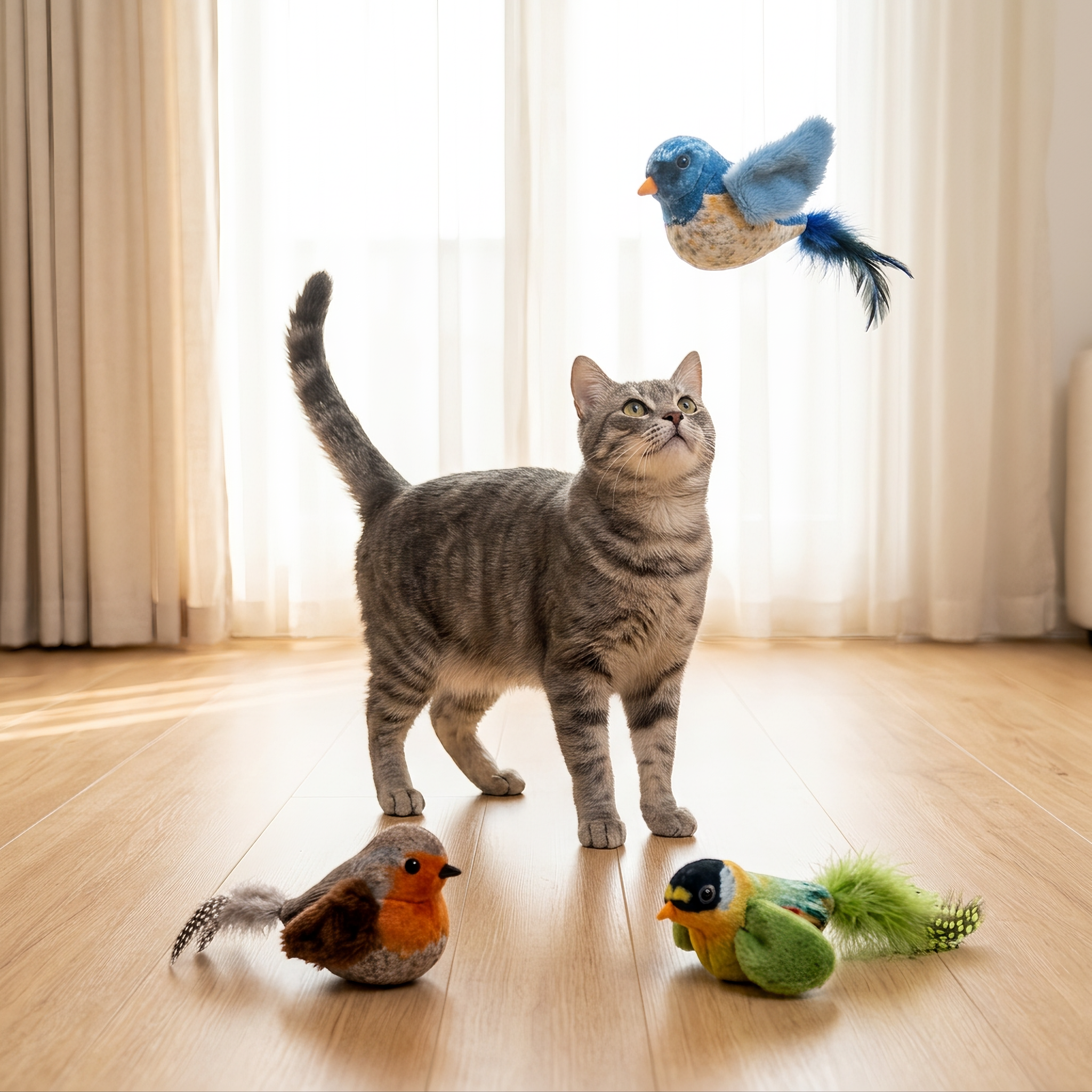 Les trois oiseaux Ulovel avec le chat
